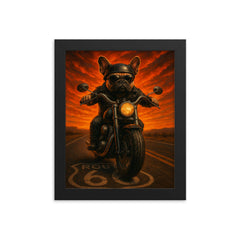 French Bulldog biker roaring down Route 66 against a fiery sunset framed print on a plain backdrop in size 8"x10".