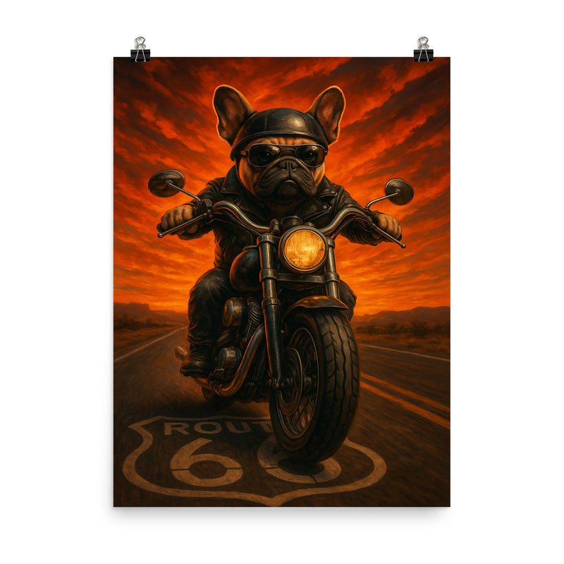 French Bulldog biker roaring down Route 66 against a fiery sunset poster on a plain backdrop in size 8