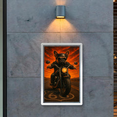 French Bulldog biker roaring down Route 66 against a fiery sunset poster 2