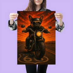 French Bulldog biker roaring down Route 66 against a fiery sunset poster 3