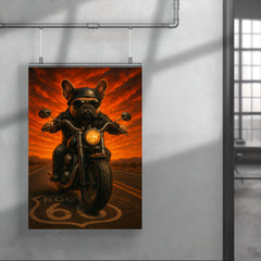 French Bulldog biker roaring down Route 66 against a fiery sunset poster 4