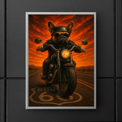French Bulldog biker roaring down Route 66 against a fiery sunset poster 5