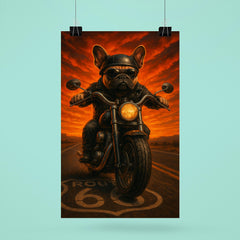 French Bulldog biker roaring down Route 66 against a fiery sunset poster 6