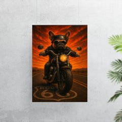 French Bulldog biker roaring down Route 66 against a fiery sunset poster 7