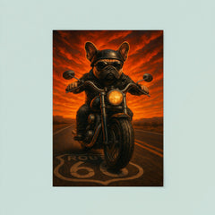 French Bulldog biker roaring down Route 66 against a fiery sunset poster 8