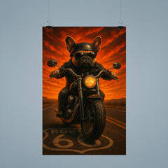 French Bulldog biker roaring down Route 66 against a fiery sunset poster 9