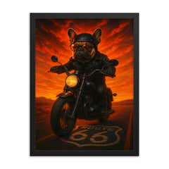 French Bulldog biker roaring down Route 66 at sunset framed print on a plain backdrop in size 18"x24".