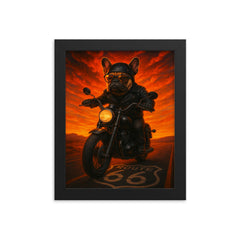 French Bulldog biker roaring down Route 66 at sunset framed print on a plain backdrop in size 8"x10".