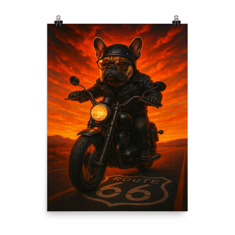 French Bulldog biker roaring down Route 66 at sunset poster on a plain backdrop in size 8
