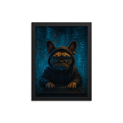 French bulldog hacker surrounded by holographic code streams framed print on a plain backdrop in size 12"x16".