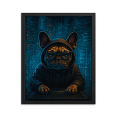 French bulldog hacker surrounded by holographic code streams framed print on a plain backdrop in size 16"x20".
