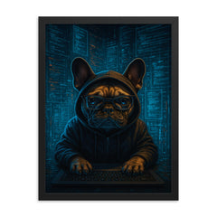 French bulldog hacker surrounded by holographic code streams framed print on a plain backdrop in size 18"x24".