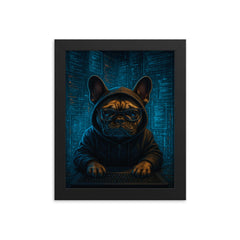 French bulldog hacker surrounded by holographic code streams framed print on a plain backdrop in size 8"x10".