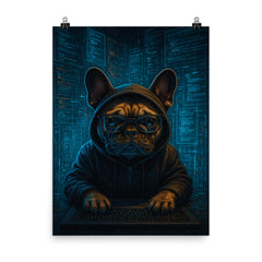 French bulldog hacker surrounded by holographic code streams poster on a plain backdrop in size 8"x10".