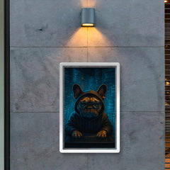 French bulldog hacker surrounded by holographic code streams poster 2