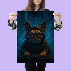 French bulldog hacker surrounded by holographic code streams poster 3