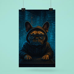 French bulldog hacker surrounded by holographic code streams poster 6