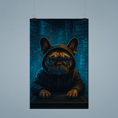 French bulldog hacker surrounded by holographic code streams poster 9