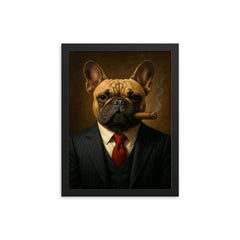 French Bulldog in a pinstripe suit smoking a cigar framed print on a plain backdrop in size 12"x16".