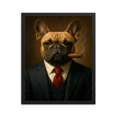 French Bulldog in a pinstripe suit smoking a cigar framed print on a plain backdrop in size 16"x20".