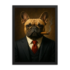 French Bulldog in a pinstripe suit smoking a cigar framed print on a plain backdrop in size 18"x24".