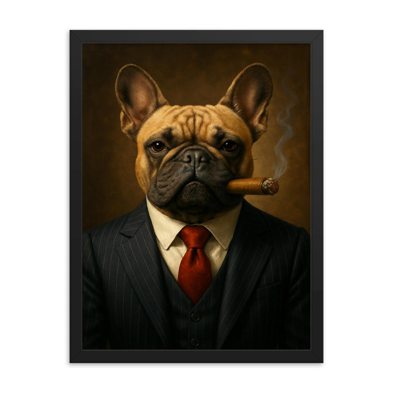 French Bulldog in a pinstripe suit smoking a cigar framed print on a plain backdrop in size 18