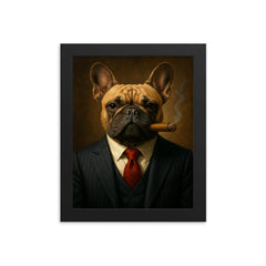 French Bulldog in a pinstripe suit smoking a cigar framed print on a plain backdrop in size 8"x10".