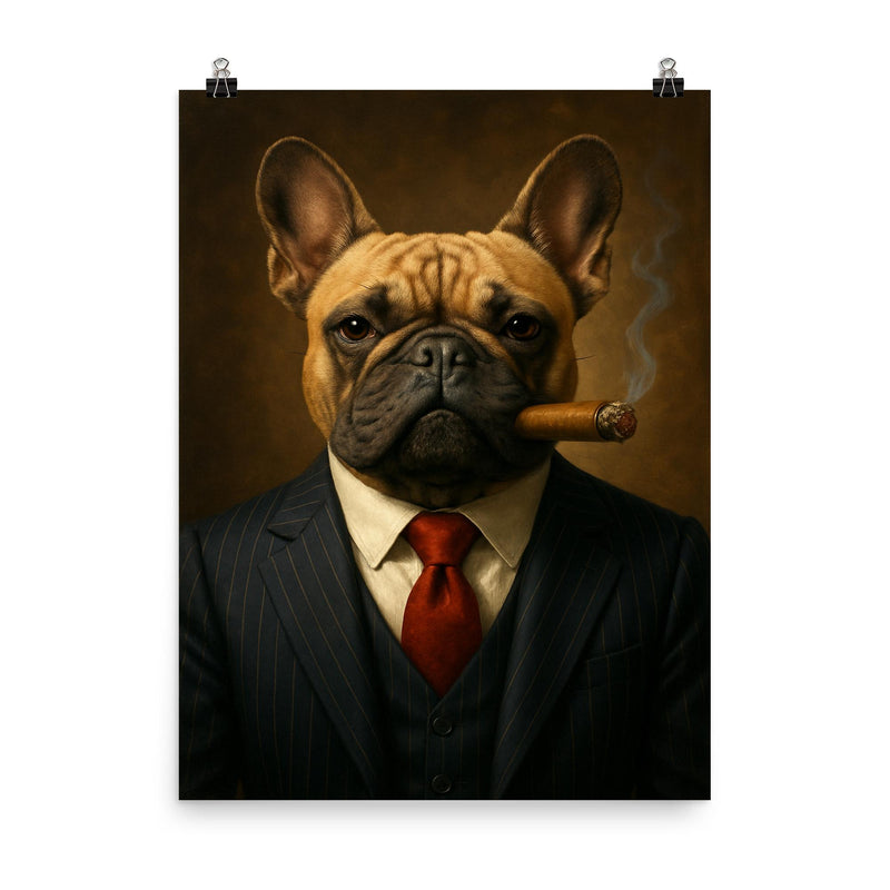 French Bulldog in a pinstripe suit smoking a cigar poster on a plain backdrop in size 8