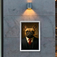 French Bulldog in a pinstripe suit smoking a cigar poster 2