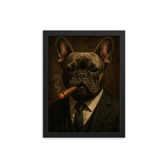French bulldog smoking a cigar framed print on a plain backdrop in size 12"x16".