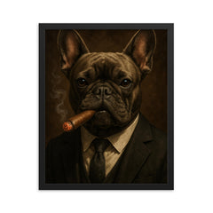 French bulldog smoking a cigar framed print on a plain backdrop in size 16"x20".