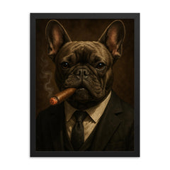 French bulldog smoking a cigar framed print on a plain backdrop in size 18"x24".