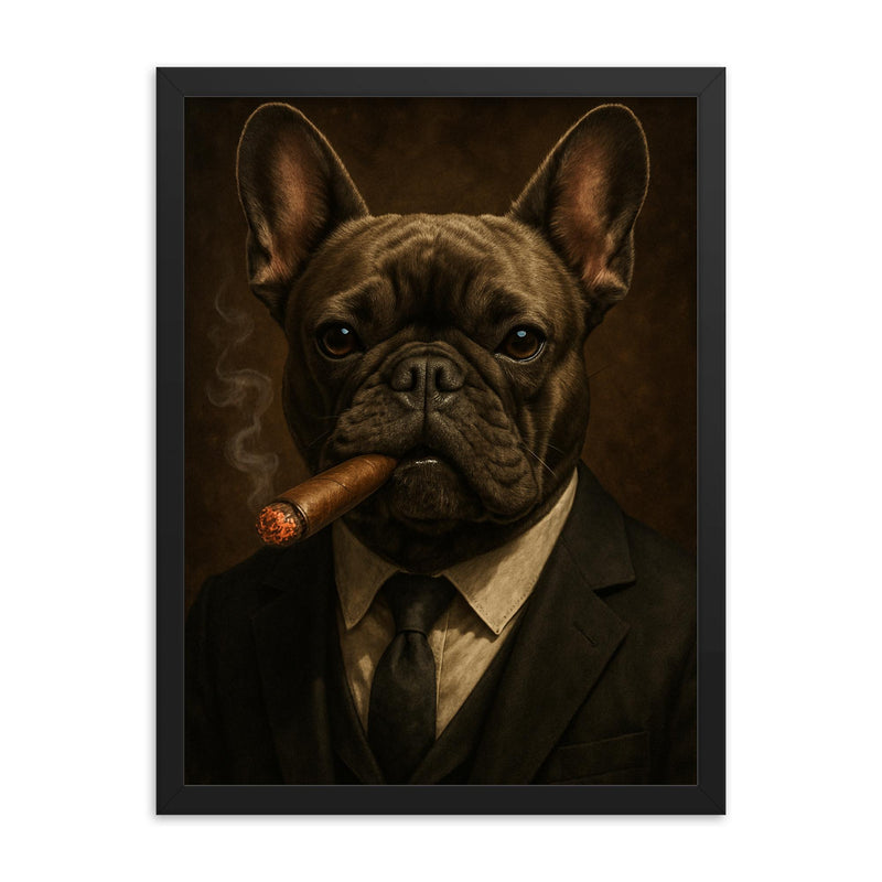 French bulldog smoking a cigar framed print on a plain backdrop in size 18