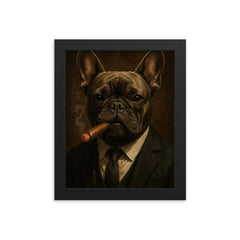 French bulldog smoking a cigar framed print on a plain backdrop in size 8"x10".
