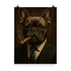 French bulldog smoking a cigar poster on a plain backdrop in size 8"x10".