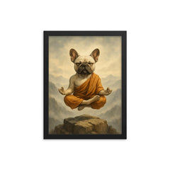 French Bulldog yoga guru levitating serenely on a misty mountain peak framed print on a plain backdrop in size 12"x16".