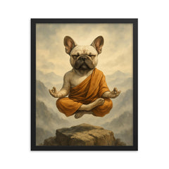 French Bulldog yoga guru levitating serenely on a misty mountain peak framed print on a plain backdrop in size 16"x20".