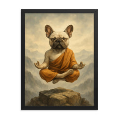 French Bulldog yoga guru levitating serenely on a misty mountain peak framed print on a plain backdrop in size 18"x24".