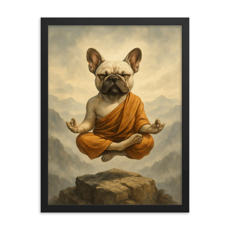 French Bulldog yoga guru levitating serenely on a misty mountain peak framed print on a plain backdrop in size 18