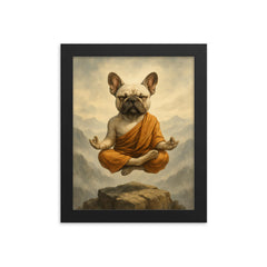 French Bulldog yoga guru levitating serenely on a misty mountain peak framed print on a plain backdrop in size 8"x10".
