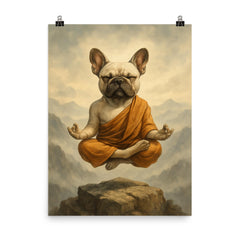 French Bulldog yoga guru levitating serenely on a misty mountain peak poster on a plain backdrop in size 8"x10".