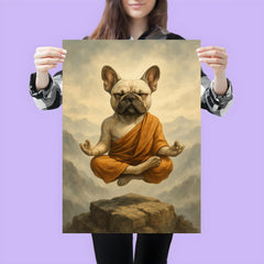 French Bulldog yoga guru levitating serenely on a misty mountain peak poster 3