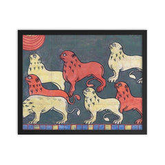 French Lions, 11th Century framed print on a plain backdrop in size 16"x20".