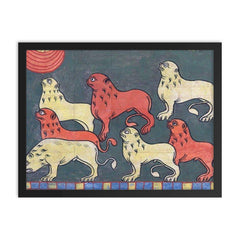 French Lions, 11th Century framed print on a plain backdrop in size 18"x24".