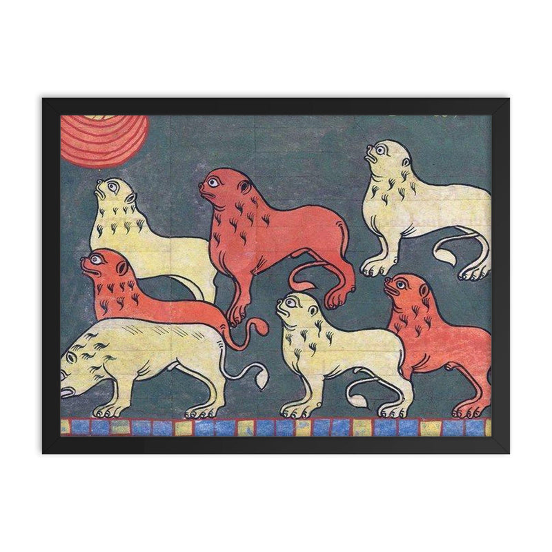 French Lions, 11th Century framed print on a plain backdrop in size 18