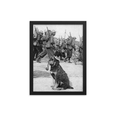 French Soldiers Passing By Dog in Goggles Smoking a Pipe, 1915 framed print on a plain backdrop in size 12"x16".