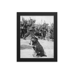 French Soldiers Passing By Dog in Goggles Smoking a Pipe, 1915 framed print on a plain backdrop in size 8"x10".