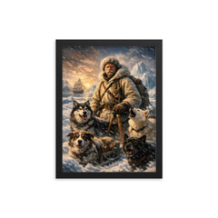Fridtjof Nansen on Arctic ice with dogs framed print on a plain backdrop in size 12"x16".