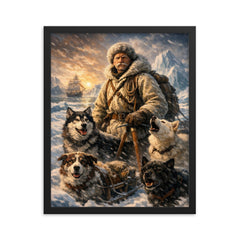 Fridtjof Nansen on Arctic ice with dogs framed print on a plain backdrop in size 16"x20".