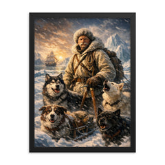 Fridtjof Nansen on Arctic ice with dogs framed print on a plain backdrop in size 18"x24".